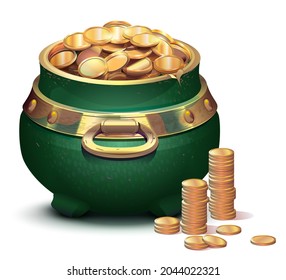 Green big cauldron full of gold coin. Pot symbol holiday patrick day. Vector cartoon illustration isolated on white