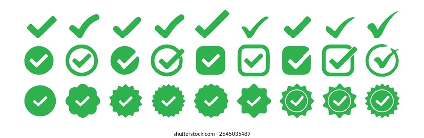 Green Big Check Mark Icons Set - Verified and Approved Symbols Collection