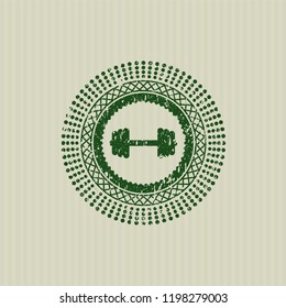 Green big dumbbell icon inside rubber stamp with grunge texture