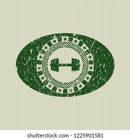 Green big dumbbell icon inside distress rubber grunge texture stamp