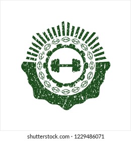 Green big dumbbell icon inside distress rubber stamp with grunge texture