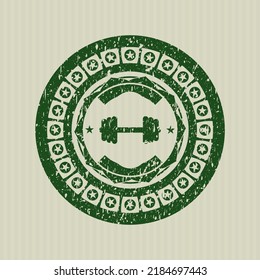Green big dumbbell icon inside distress rubber grunge texture seal. 