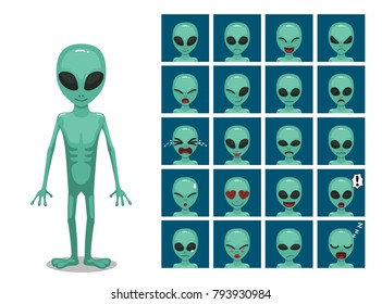 Green Big Eye Extraterrestrial Alien Cartoon Emotion faces Vector Illustration