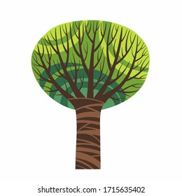 Green big old tree isolated on white background vector. Strong mighty cartoon fabulous tree with a dense crown, stock flat illustration.