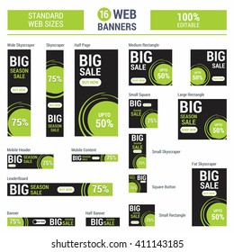 Green Big Sale. Standard size web banners set. Vector Web Banners