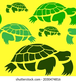 Green big turtles on a yellow background, texture for design, seamless pattern, vector illustration