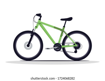 Green bike semi flat RGB color vector illustration. Outdoor riding vehicle. Transport for extreme sport. Exercise gear for active lifestyle. Classic bicycle isolated cartoon object on white background