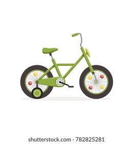 Green bike with training wheels, kids bicycle vector Illustration