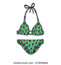 Green bikini with pink hearts pattern, isolated hand drawn outline doodle, sketch in pop art style, color vector illustration