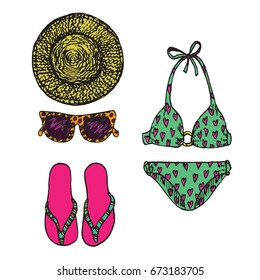 Green bikini with pink hearts pattern, straw hat, pink flip-flops with green striped band and sunglasses, isolated set hand drawn outline doodle, sketch in pop art style, color vector illustration