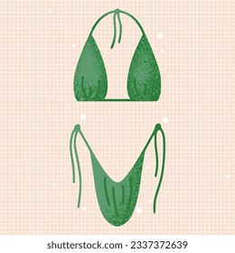 green bikini. Separated swimwear, swimsuit, triangle bra top, micro string bottom with ruffle, texture and thin neck ties. Trendy beachwear, swim wear for beach, sea, pool. Vector flat illustration