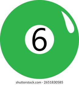 Green billiard ball with number 6 in flat vector. Icon for pool illustrations, game UI, or sport-themed assets.