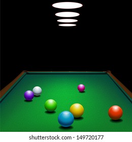 Green billiards table with colored bright pool balls for the sport games recreation