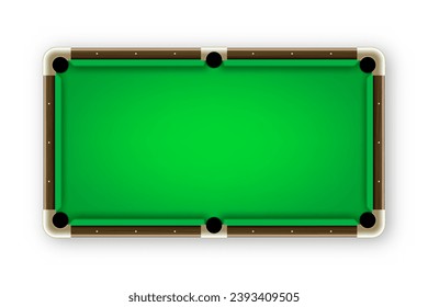 Green billiards table, top view. Snooker or pool sports equipment, recreation and hobby, competitive game. Vector illustration