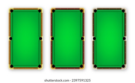 Green billiards table, top view. Snooker or pool sports equipment, recreation and hobby, competitive game. Vector illustration