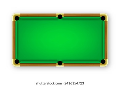 Green billiards table, top view. Snooker or pool sports equipment, recreation and hobby, competitive game. Vector illustration