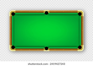Green billiards table, top view. Snooker or pool sports equipment, recreation and hobby, competitive game. Vector illustration