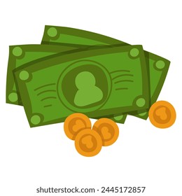 Green bills and coins top view. Dollars and gold cents. A wad of money and some gold coins. View from above. Financial concept. Vector flat illustration on a white background