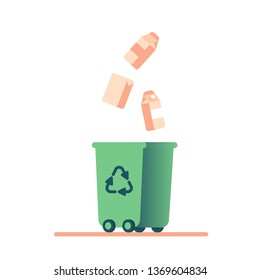 Green Bin with carton pack for recycling. Vector concept of  remove cardboard waste isolated from white background