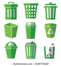 green bin flat icon set on white background