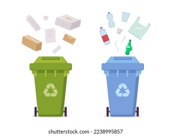 Green bin for paper and blue bin for plastic. For banner, flyer. Waste separation can for recycling, reuse, reduction. Dispose of paper and plastic in the correct trash can. Less Waste