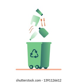 Green Bin with plastic for recycling. Vector concept of  remove plastic waste isolated from white background