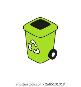 Grüner Behälter mit Recycling-Logo und einem Rad