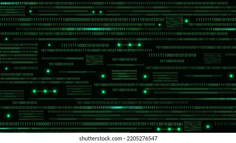 Green binary code or matrix on the dark background with noise effect, glow dots and lines. Big data visualization. Digital texture backdrop. Vector illustration.