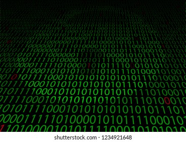 Green binary matrix on a black background with illuminated numbers going into perspective