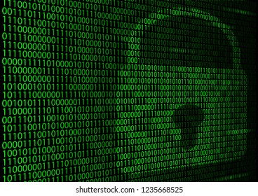 Green binary matrix on a black background with backlit numbers and background lighting of the outline of the lock