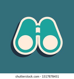 Green Binoculars icon isolated on blue background. Find software sign. Spy equipment symbol. Long shadow style. Vector Illustration