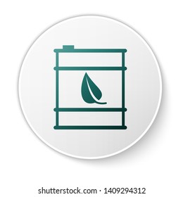 Green Bio fuel barrel line icon isolated on white background. Eco bio and canister. Green environment and recycle. White circle button. Vector Illustration