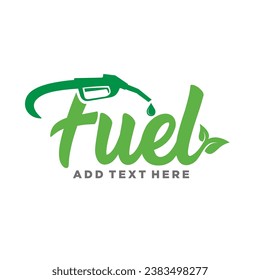 Green bio fuel logo with fueling nozzle, leaf and drop natural energy.