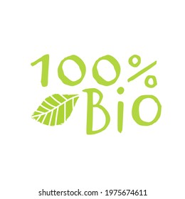 Green Bio label with leaf. Isolated vector illustration on white background