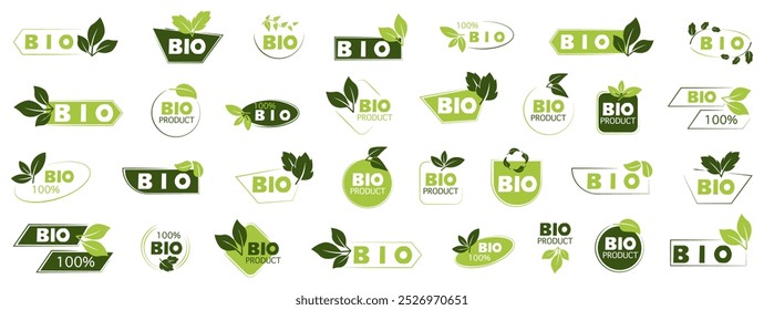 Green bio labels for natural product. Set of bio green sticker