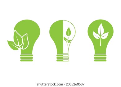 Green bio lamp set. Save nature. Clean energy. Ecology concept. Reuse logo icon. Vector illustration. Stock image.