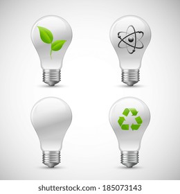 Green bio light bulbs 3d realistic icons set with leaf atom and recycling isolated vector illustration