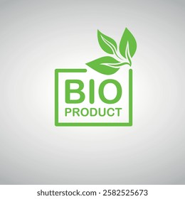 Green bio product logo with leaves in minimalistic style, eco-friendly design isolated on white background.