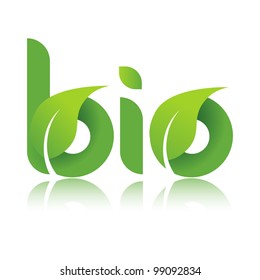 Green bio word with leaves and reflection on white