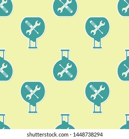 Green Bioengineering with screwdriver and wrench icon isolated seamless pattern on yellow background. Adjusting, service, setting, maintenance, repair, fixing.  Vector Illustration