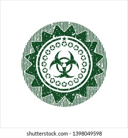 Green biohazard icon inside distressed rubber stamp