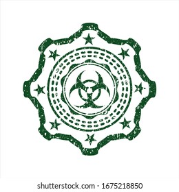 Green biohazard icon inside rubber seal with grunge texture
