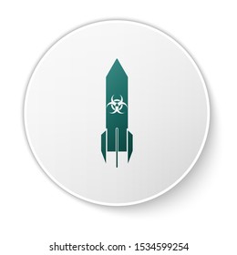 Green Biohazard rocket icon isolated on white background. Rocket bomb flies down. White circle button. Vector Illustration