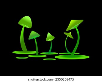 Green bioluminescent mushrooms on a black background. Fluorescent luminous mushrooms on a long stem. Bioluminescent fungi glow. Design for banner, poster and sign. Vector illustration