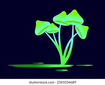 Green bioluminescent mushrooms with a puddle on a black background. Fluorescent luminous mushrooms on a long stem. Bioluminescent fungi glow. Design for banner, poster and sign. Vector illustration