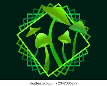 Green bioluminescent mushrooms in a square frame. Fluorescent glowing mushrooms with a bright glow. Bioluminescent fungus. Design for poster, banner and promotional items. Vector illustration