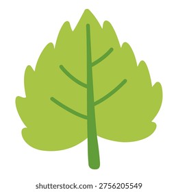 Green birch leaf in flat cartoon style. Vector illustration of a nature item with simple shapes and colors. Cute botanical image for nature themed designs, prints and stationery