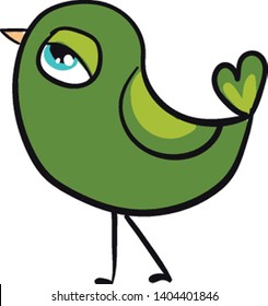 A green bird with big eye, with yellow beak, with green tail, vector, color drawing or illustration. 