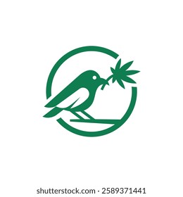 Green Bird With Cannabis Leaf Logo Illustration Editable Vector Template. Can Be Use For Formal Medicine Labels Or Any Companies Related To Medics etc.