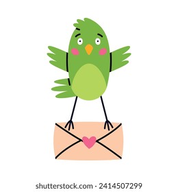 Green Bird Carry Letter Envelope Flying with Post Vector Illustration